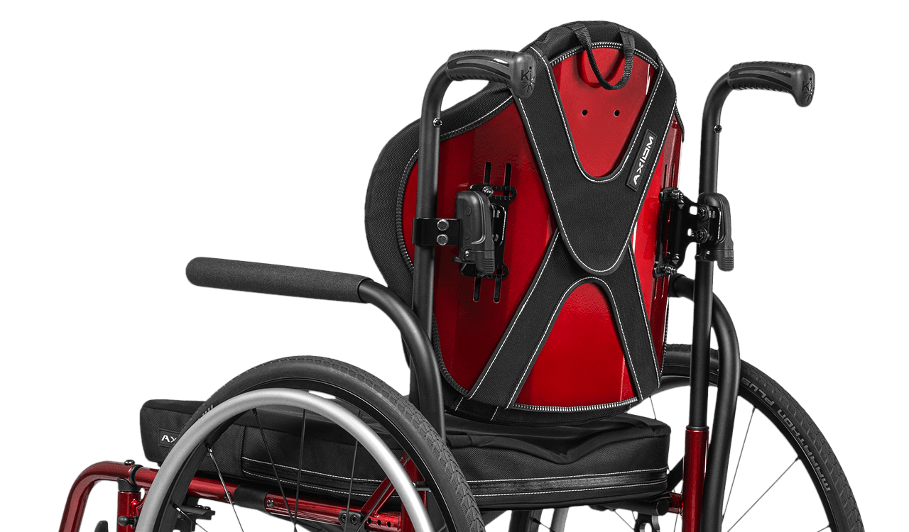 Back view of the red Axiom Backrest for Wheelchairs - Customizable backrest with adjustable height and angle, designed to provide optimal support and comfort for wheelchair users.