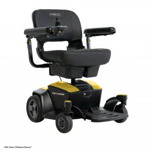 Front right view of the Citrine Yellow Go Chair Wheelchair - Lightweight, portable manual wheelchair designed for easy folding and transportation, ideal for travel and storage.