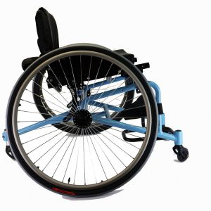 Side view of the SportTN Tennis Chair - Lightweight, maneuverable wheelchair designed for tennis players, featuring a low center of gravity and adjustable components for optimal performance and comfort.