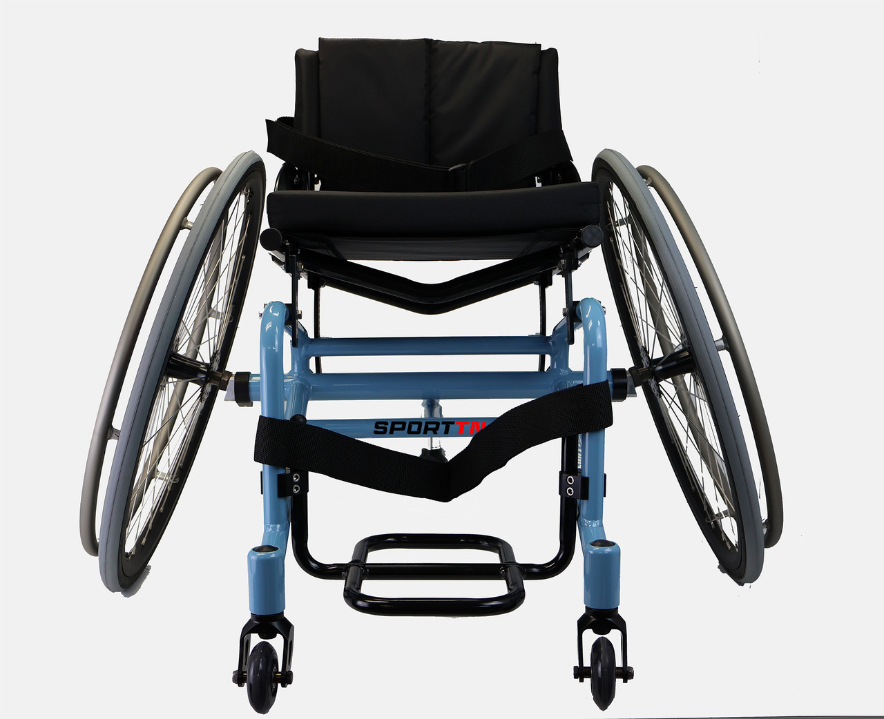 Front view of the SportTN Tennis Chair - Lightweight, maneuverable wheelchair designed for tennis players, featuring a low center of gravity and adjustable components for optimal performance and comfort.