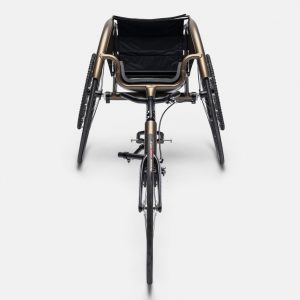 Front view of the Top End Eliminator OSR U-Cage Racing Wheelchair - High-performance, lightweight wheelchair designed for kneeling position racing, featuring a rigid aluminum frame and adjustable components for optimal fit and performance.