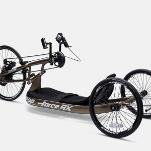 Side view of the RX Handcycle - High-performance, lightweight handcycle designed for athletic individuals, featuring a streamlined frame, adjustable seating, and efficient propulsion system for optimal speed and comfort.