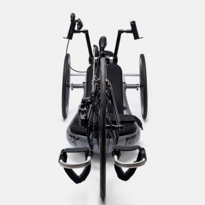 Front view of the RX Handcycle - High-performance, lightweight handcycle designed for athletic individuals, featuring a streamlined frame, adjustable seating, and efficient propulsion system for optimal speed and comfort.