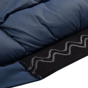 Close up of the blue Raindek Parka - Waterproof, insulated wheelchair cover for lower body, providing warmth and protection from the elements.