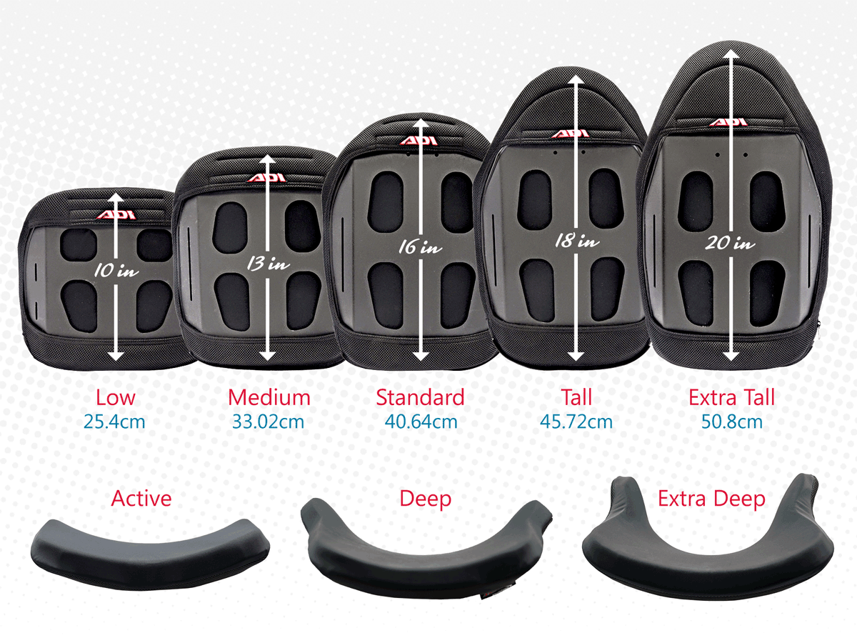 Infographic of the ADI Aluminum Curved Backrest - Lightweight, contoured aluminum backrest for wheelchairs, promoting improved posture and comfort.