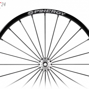 Close up view of the black Spinergy SLX 24 Spoke Wheelchair Wheel - Durable and high-performance wheelchair wheel with 24 spokes for maximum stability and responsiveness.