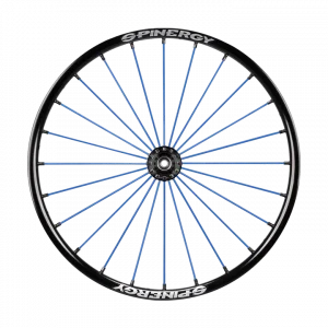 Frontal view of the blue Spinergy SLX 24 Spoke Wheelchair Wheel - Durable and high-performance wheelchair wheel with 24 spokes for maximum stability and responsiveness.