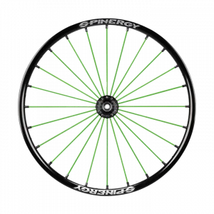 Frontal view of the green Spinergy SLX 24 Spoke Wheelchair Wheel - Durable and high-performance wheelchair wheel with 24 spokes for maximum stability and responsiveness.