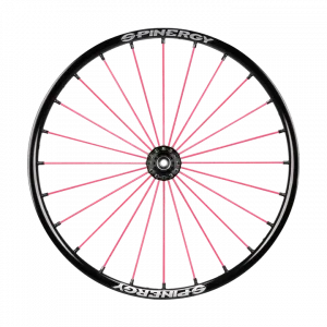 Frontal view of the pink Spinergy SLX 24 Spoke Wheelchair Wheel - Durable and high-performance wheelchair wheel with 24 spokes for maximum stability and responsiveness.