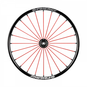 Frontal view of the red Spinergy SLX 24 Spoke Wheelchair Wheel - Durable and high-performance wheelchair wheel with 24 spokes for maximum stability and responsiveness.