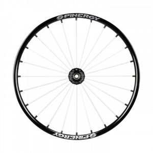 Frontal view of the white Spinergy SLX 24 Spoke Wheelchair Wheel - Durable and high-performance wheelchair wheel with 24 spokes for maximum stability and responsiveness.