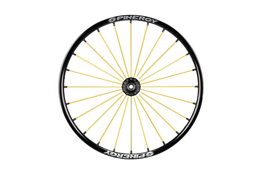 Frontal view of the yellow Spinergy SLX 24 Spoke Wheelchair Wheel - Durable and high-performance wheelchair wheel with 24 spokes for maximum stability and responsiveness.