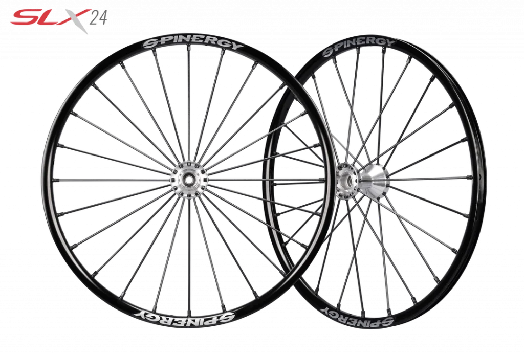 Two views of the Spinergy SLX 24 Spoke Wheelchair Wheel - Durable and high-performance wheelchair wheel with 24 spokes for maximum stability and responsiveness.