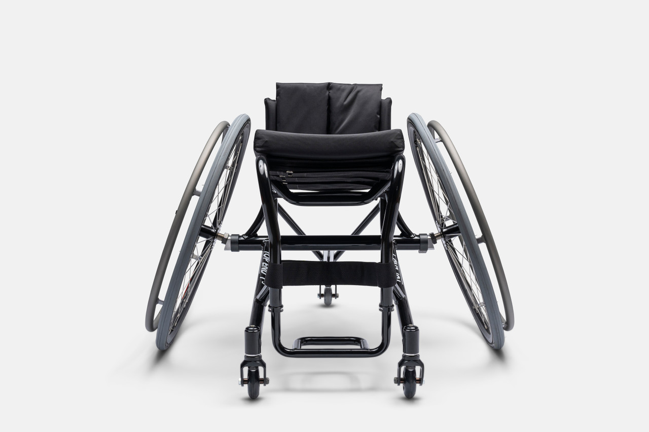 Front view of the Top End Ultimate Pickleball Chair (UPB) - Custom-built, lightweight wheelchair designed specifically for pickleball players, featuring adjustable seating and maneuverability for optimal performance