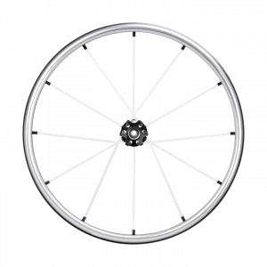 Frontal view of the white Spinergy XLX Flexrim Wheelchair Wheel - Lightweight, customizable wheelchair wheel featuring a urethane pushrim for easier propulsion and a flex design for navigating tight spaces.