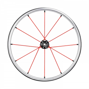 Frontal view of the red Spinergy XLX Flexrim Wheelchair Wheel - Lightweight, customizable wheelchair wheel featuring a urethane pushrim for easier propulsion and a flex design for navigating tight spaces.