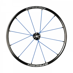 Front view of the blue Spinergy XLX Wheelchair Wheel - Lightweight, high-performance wheelchair wheel featuring a cross-laced spoke design and a flexible urethane pushrim for comfort and maneuverability.