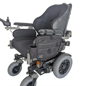 Side image of the Ultimate X3 Electric Wheelchair Side Bag - Attaches to the side of a wheelchair, providing convenient storage for essential items while maintaining stability and accessibility.