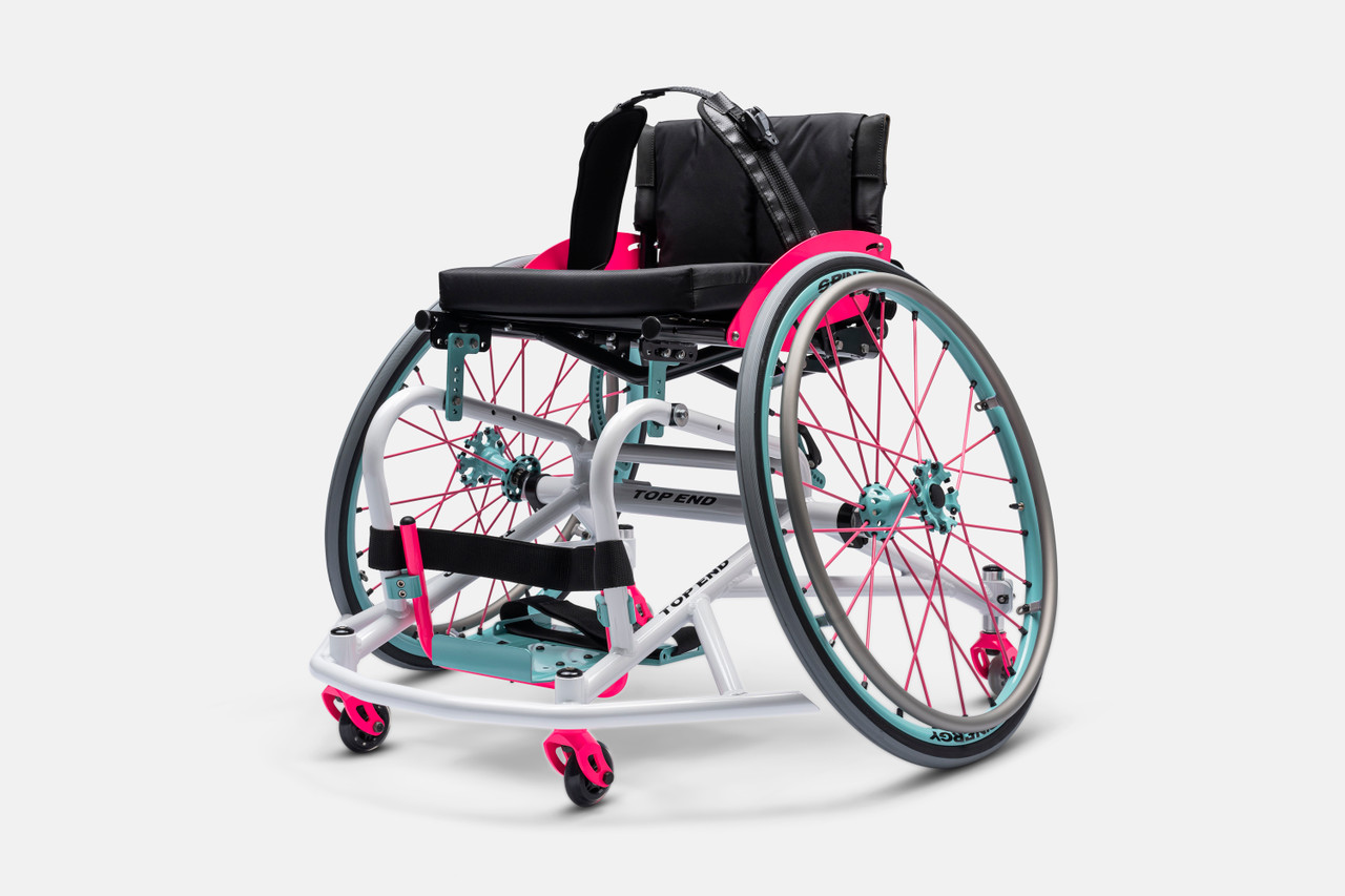 Front right side view of the Top End Pro Basketball Wheelchair (ProBB) - Custom-designed, lightweight wheelchair with specialized sports features for competitive basketball, featuring a rigid frame, high-performance wheels, and ergonomic seating.