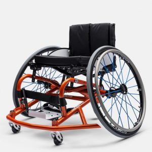 Front right side view of the Top End Pro Basketball Wheelchair (ProBB) - Custom-designed, lightweight wheelchair with specialized sports features for competitive basketball, featuring a rigid frame, high-performance wheels, and ergonomic seating.