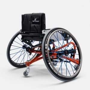 Back view of the Top End Pro Basketball Wheelchair (ProBB) - Custom-designed, lightweight wheelchair with specialized sports features for competitive basketball, featuring a rigid frame, high-performance wheels, and ergonomic seating.