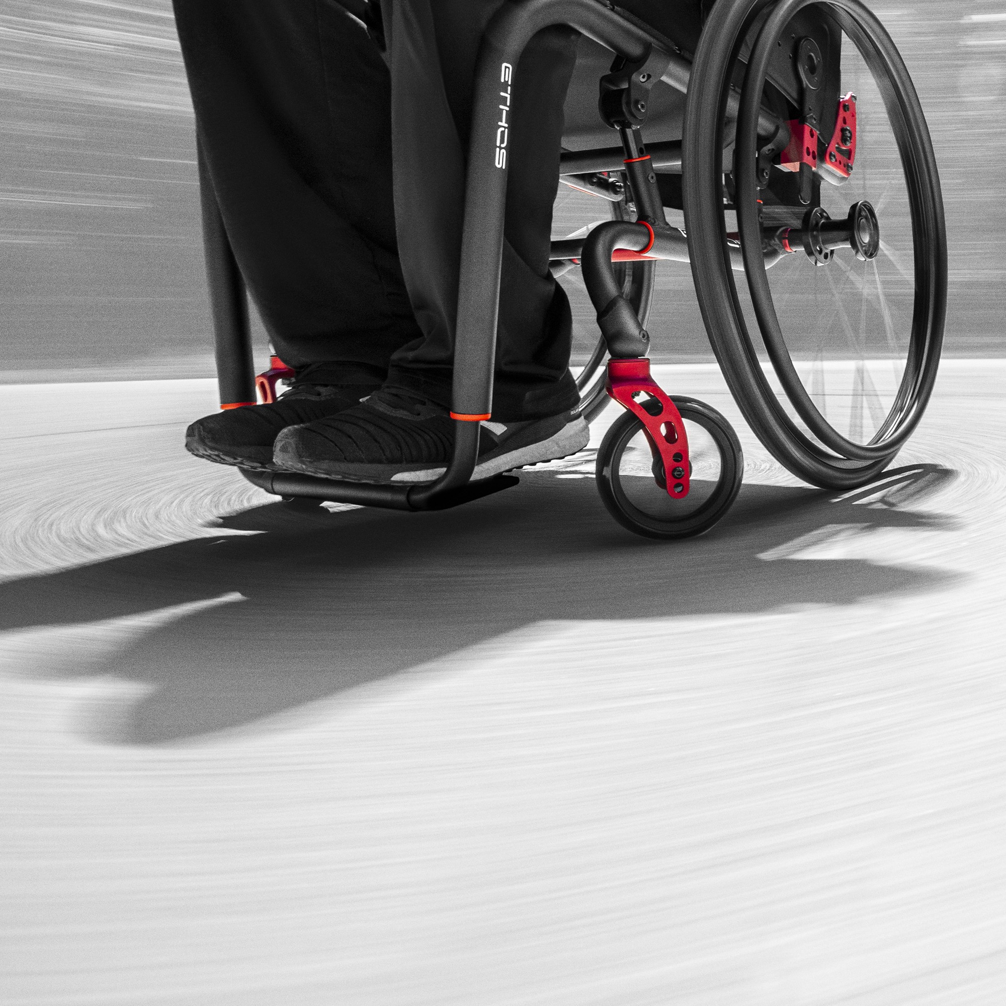 Image of the Ethos Wheelchair - Lightweight, maneuverable wheelchair designed for active individuals, featuring a folding frame for easy transportation.