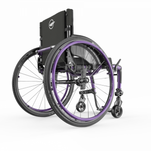 Back view of the electric purple Apex C Carbon Wheelchair - Lightweight, rigid wheelchair with a sleek design, featuring adjustable components for personalized comfort and support.