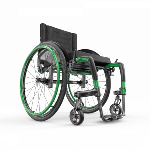 Front view of the monster green Apex C Carbon Wheelchair - Lightweight, rigid wheelchair with a sleek design, featuring adjustable components for personalized comfort and support.