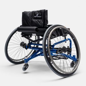 Front image of the blue Top End Sport BB Basketball Wheelchair - Lightweight, high-performance wheelchair designed for basketball, featuring a reinforced frame, responsive handling, and customizable seating for optimal performance.