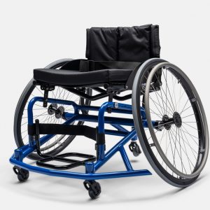 Front image of the blue Top End Sport BB Basketball Wheelchair - Lightweight, high-performance wheelchair designed for basketball, featuring a reinforced frame, responsive handling, and customizable seating for optimal performance.