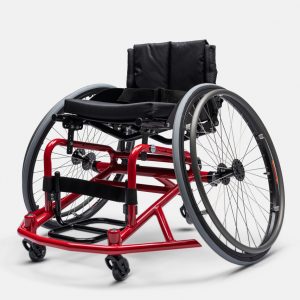 Front image of the red Top End Sport BB Basketball Wheelchair - Lightweight, high-performance wheelchair designed for basketball, featuring a reinforced frame, responsive handling, and customizable seating for optimal performance.