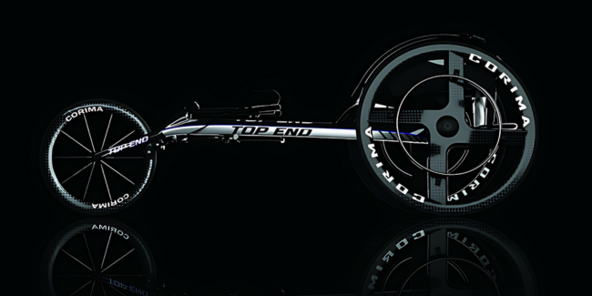 Side image of the Top End Sports Wheelchair - Lightweight, high-performance wheelchair designed for athletic competition, featuring a rigid frame, racing wheels, and adjustable components for optimal performance.